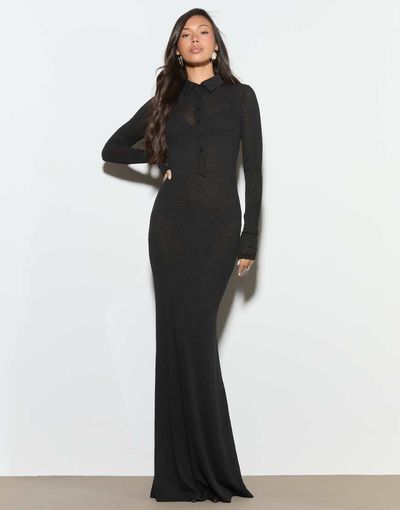 Noughts & Kisses Noughts & Kisses Daphne fine knit collared button up maxi dress in black