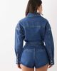 Noughts & Kisses Noughts & Kisses denim cinched waist romper in mid wash blue - 4