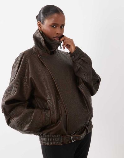 Noughts & Kisses Noughts & Kisses Eska faux leather funnel neck oversized moto jacket in chocolate-Brown