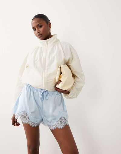 Noughts & Kisses Noughts & Kisses lace trim tie waist satin shorts in baby blue