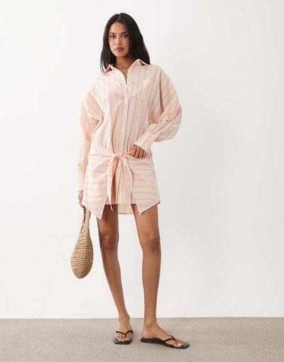 Noughts & Kisses Noughts & Kisses pinstripe wrap waist shirt mini dress in orange-Multi