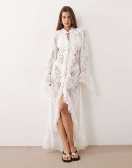 Noughts & Kisses Noughts & Kisses ruffle trim bell sleeve maxi length lace robe in white