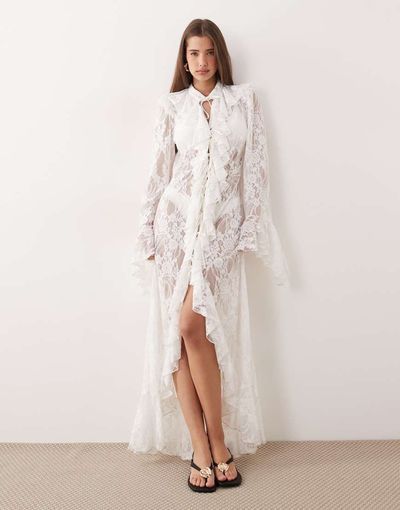 Noughts & Kisses Noughts & Kisses ruffle trim bell sleeve maxi length lace robe in white