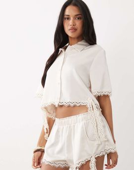 Noughts & Kisses Noughts & Kisses satin lace trim cropped shirt in cream, part of a set-White