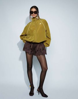 Noughts & Kisses Noughts & Kisses satin tie waist shorts with lace trim in chocolate-Brown
