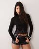 Noughts & Kisses Noughts & Kisses Tala wool feel sheer mesh high neck eyelash-lace trim top in black - 1
