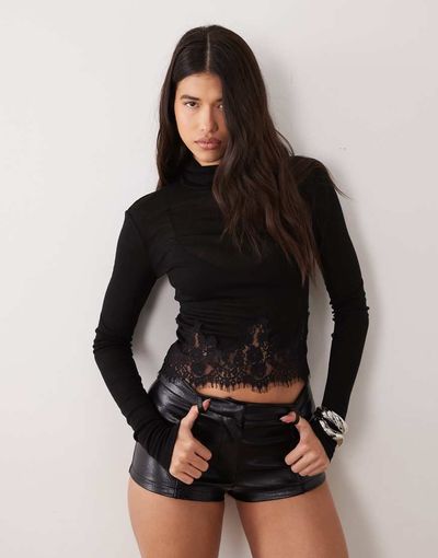 Noughts & Kisses Noughts & Kisses Tala wool feel sheer mesh high neck eyelash-lace trim top in black