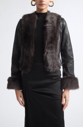 NOUR HAMMOUR NOUR HAMMOUR Sofie Leather Jacket with Genuine Shearling Trim
