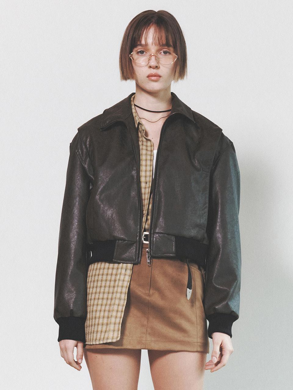 NUAKLE Leather High Neckline Cropped Blouson_Khaki Brown