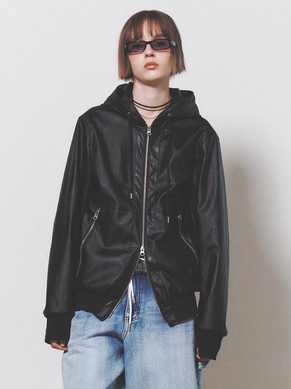 NUAKLE Leather Hooded Jumper_Black
