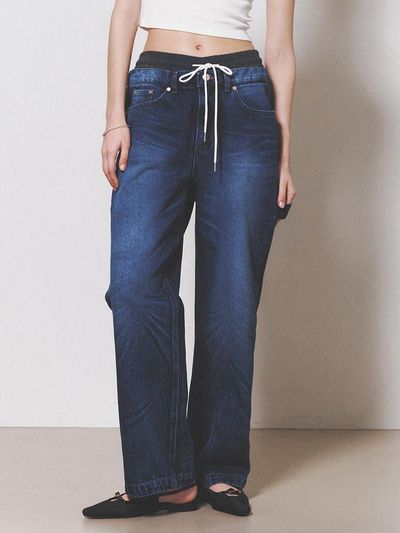 NUAKLE Straight Fit Briefs Layered Denim Pants_Blue