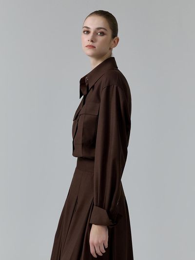 NUMERO SETTE Flap Pocket Wide Collar Wool Shirt [Brown]