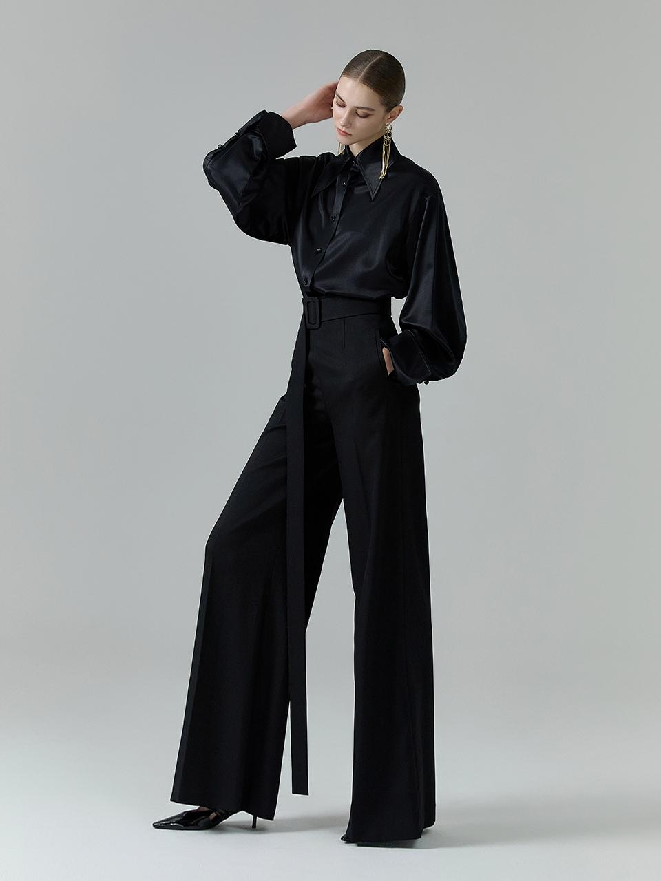 NUMERO SETTE High Waist Pleated Belted Wide Pants [Black]