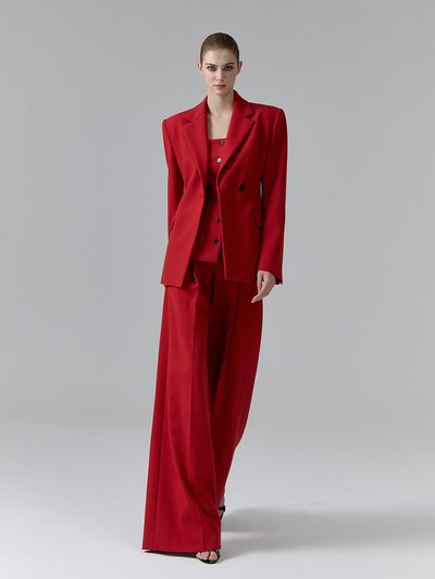 NUMERO SETTE High Waist Pleated Wool Blend Wide Pants [Red]