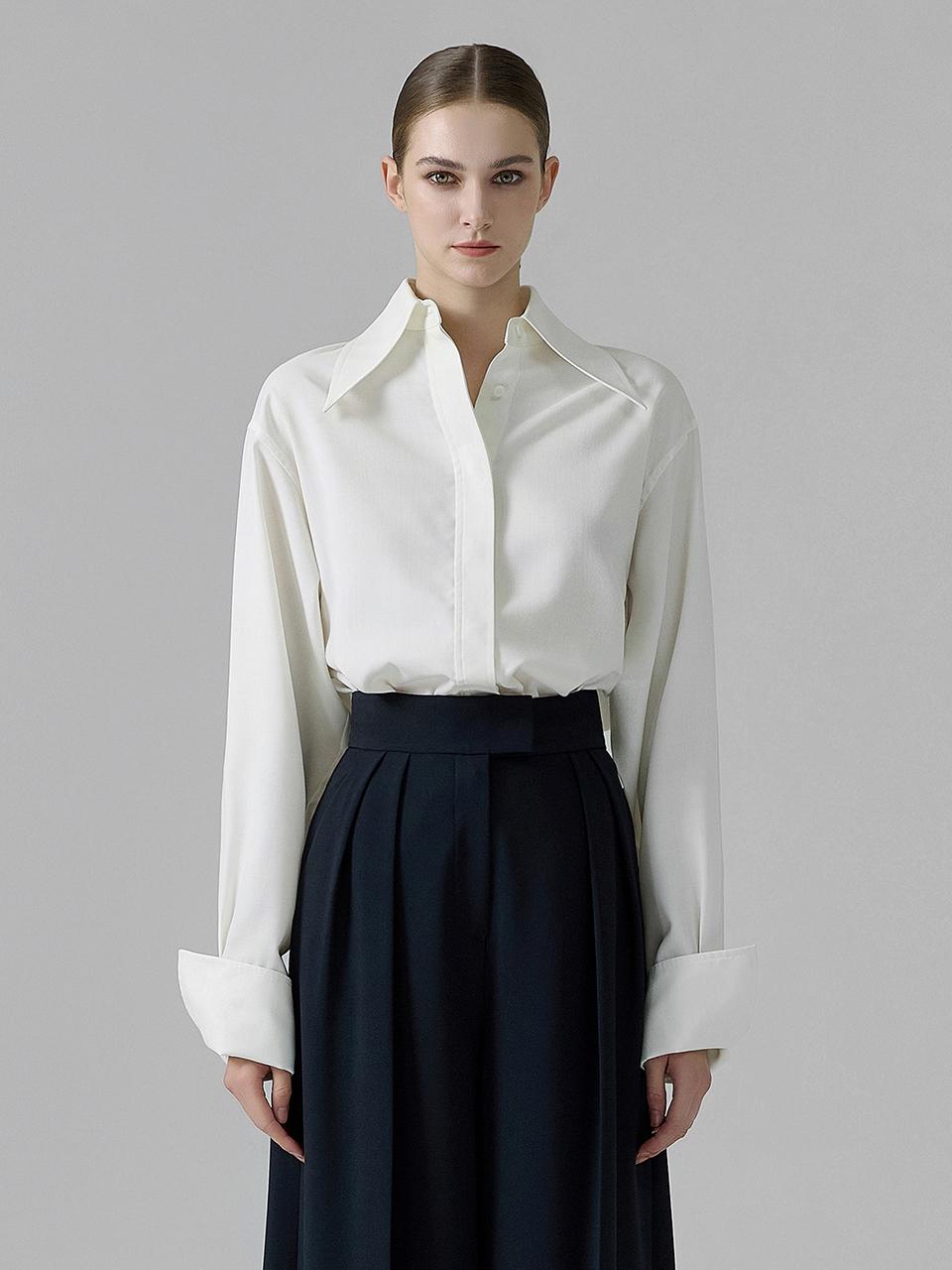 NUMERO SETTE Loose Fit Wide Collar Hidden Button Wool Shirt [Beige]