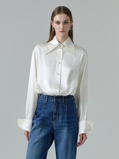 NUMERO SETTE Loose Fit Wide Collar Silk Blouse - White