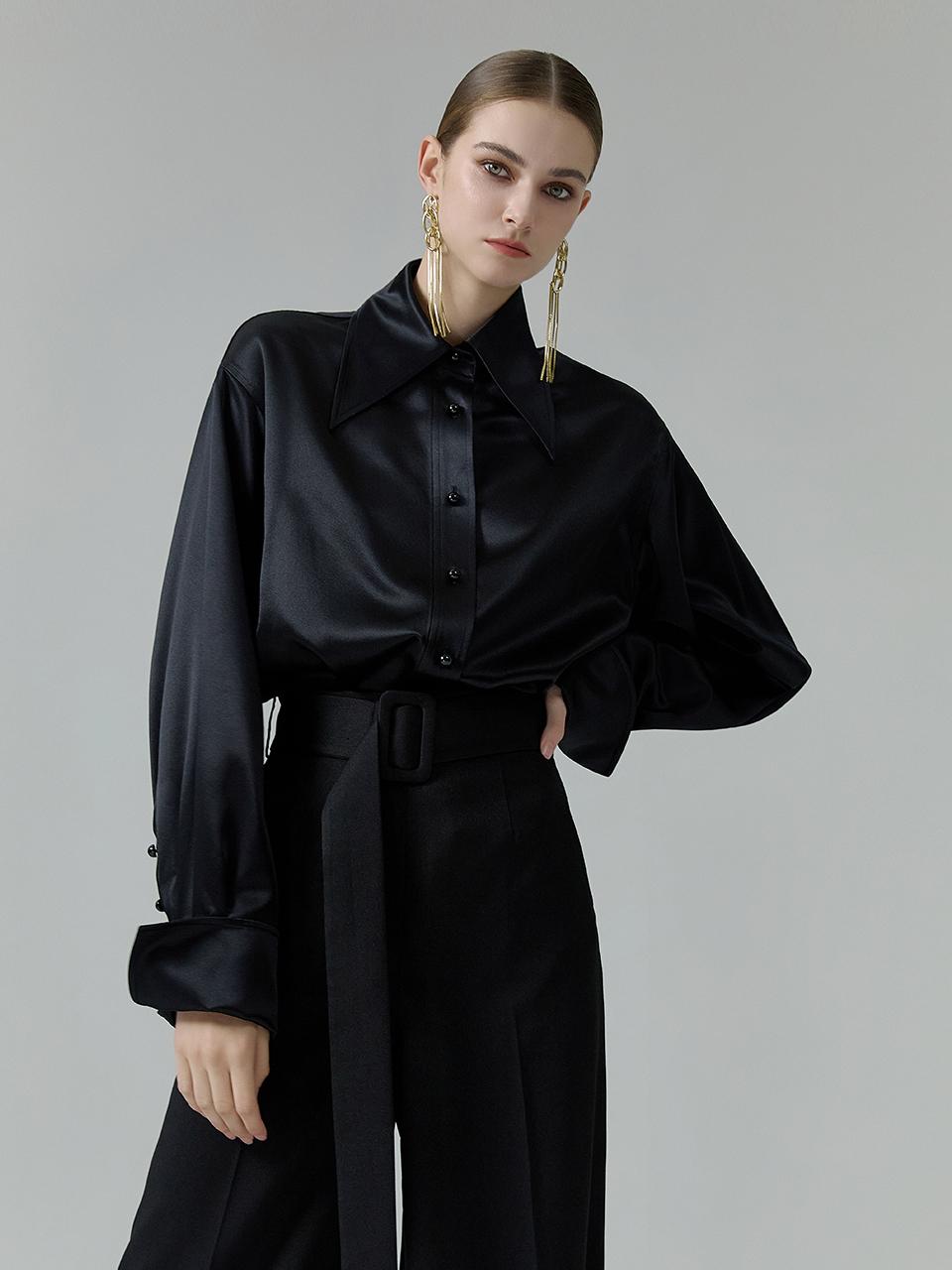 NUMERO SETTE Loose Fit Wide Collar Silk Blouse [Black]
