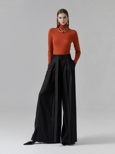 NUMERO SETTE Pleats Asymmetrical A-line Belted Pants [Black Navy]