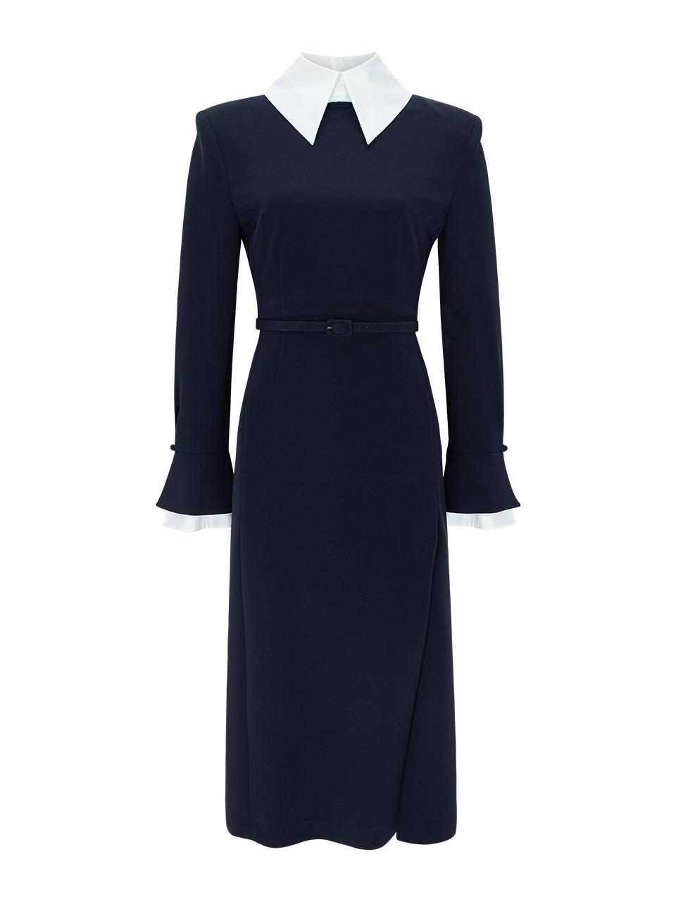 NUMERO SETTE Point Collar Cotton-Nylon Silk Dress [Navy]