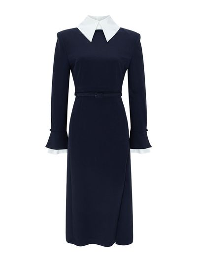 NUMERO SETTE Point Collar Cotton-Nylon Silk Dress [Navy]