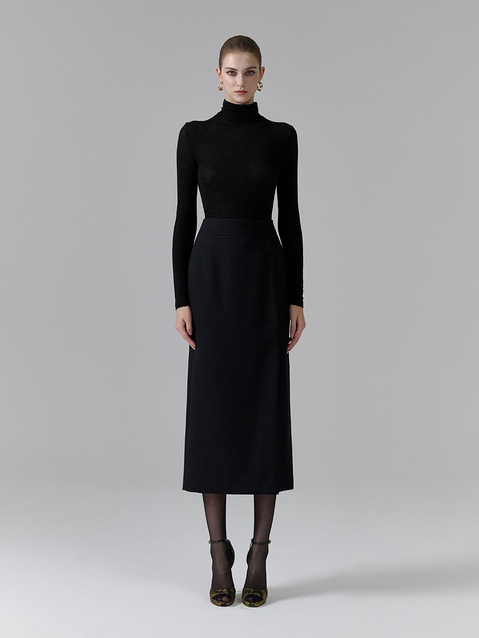 NUMERO SETTE Side Slit H Line Wool Blend Skirt [Black]