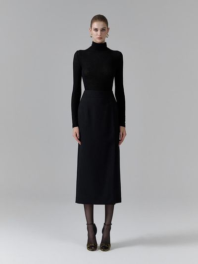 NUMERO SETTE Side Slit H Line Wool Blend Skirt [Black]
