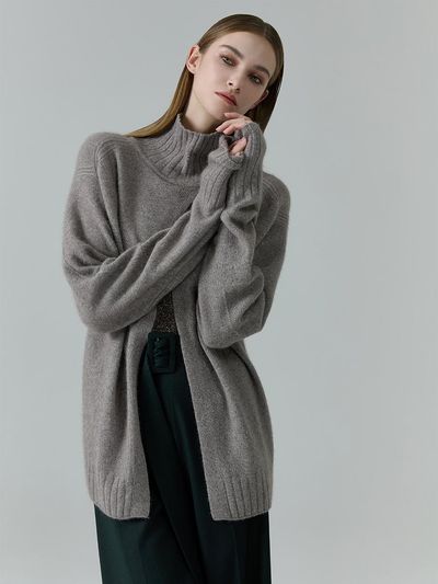 NUMERO SETTE Whole Garment Back Slit Wool Turtleneck Knit [Melange Gray]