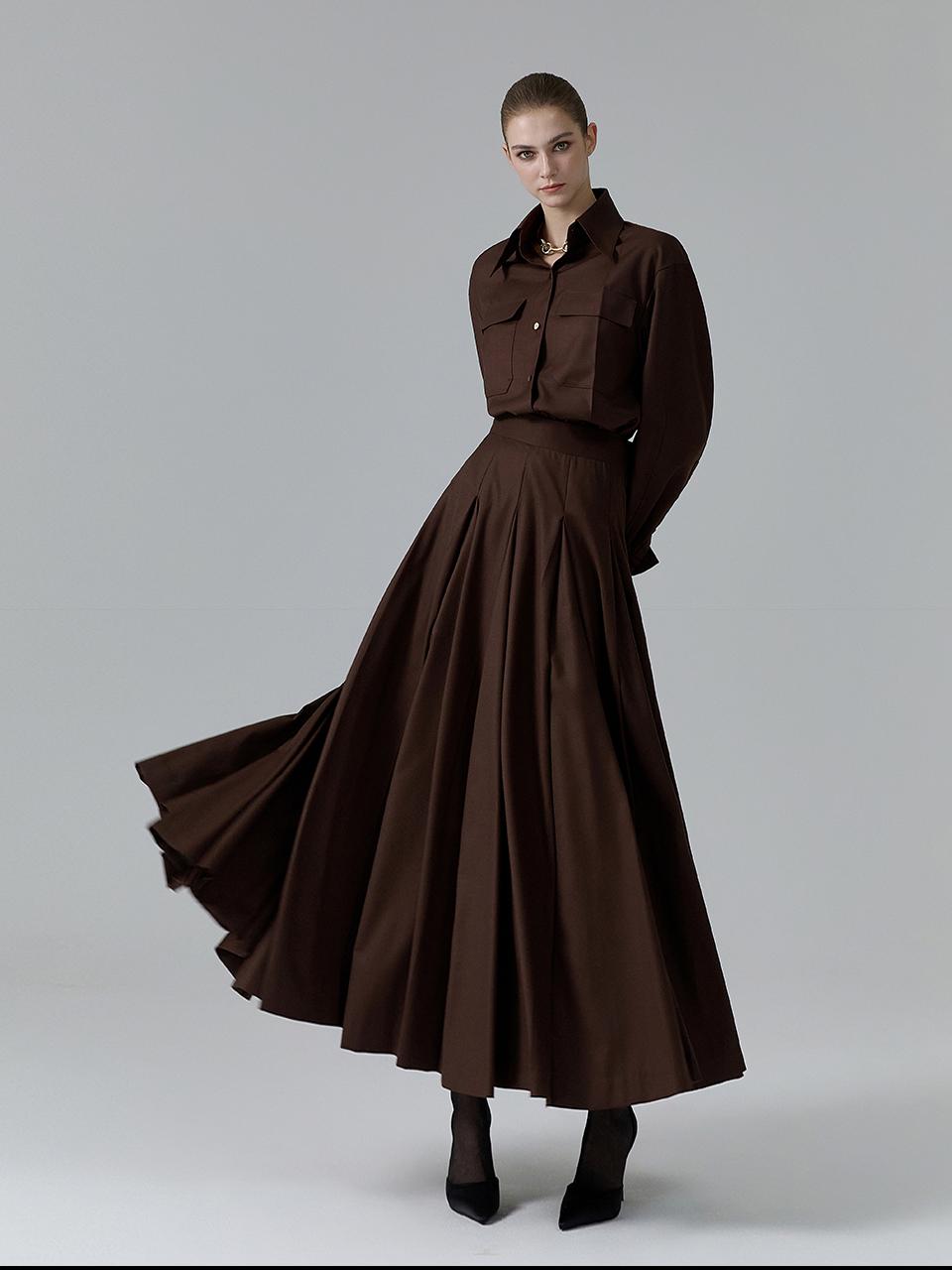 NUMERO SETTE Wide Pin Tuck Pleats Wool Maxi Skirt [Brown]