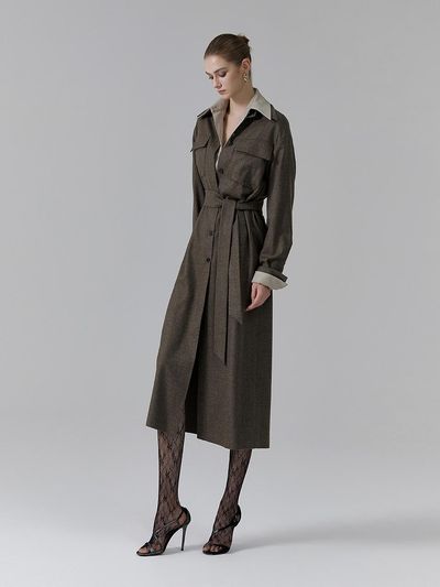 NUMERO SETTE Wool Belted Shirt Collar Midi Dress [Melange Brown]