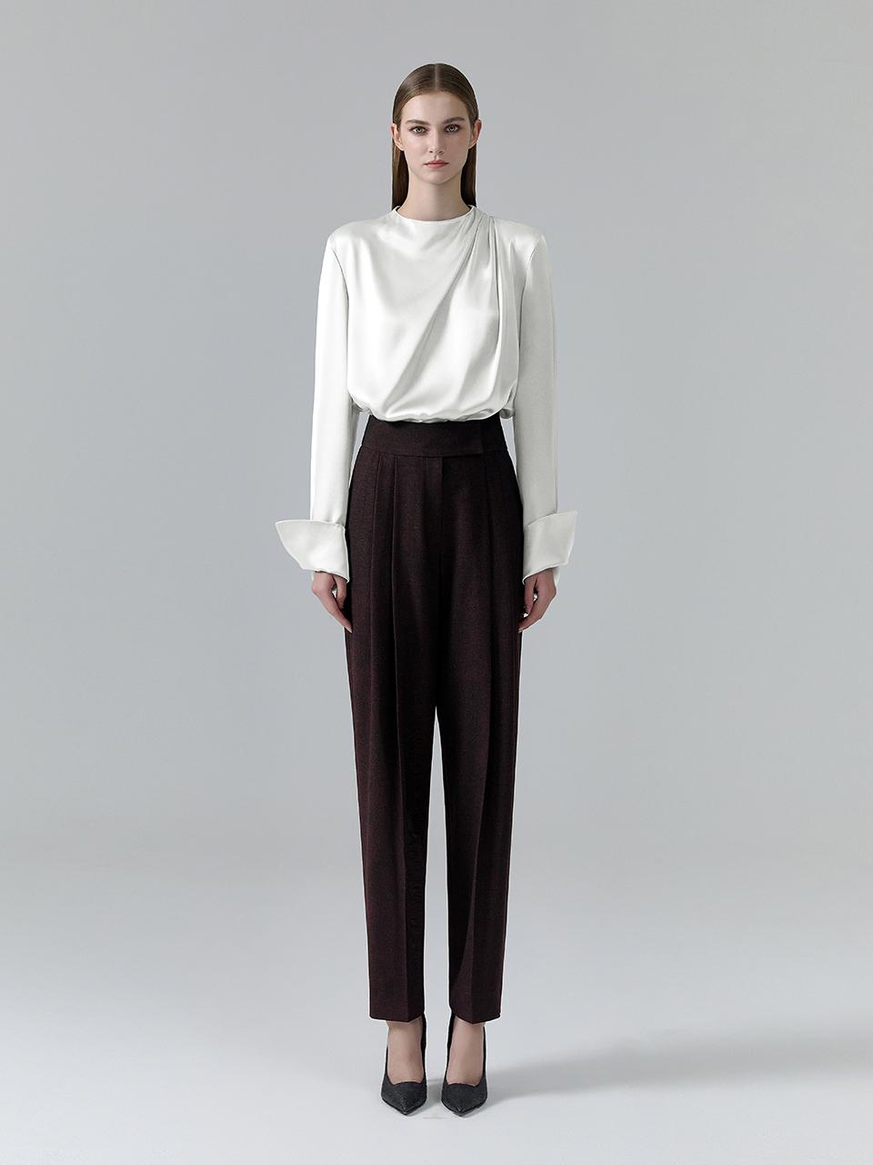 NUMERO SETTE Wool Blended Baggy Fit Pintuck Pants [Brown]
