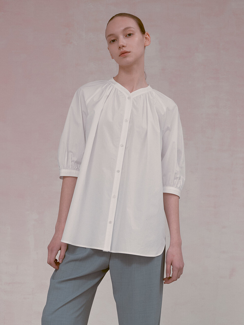 NUVO.10 Cotton No Collar Shirring Blouse