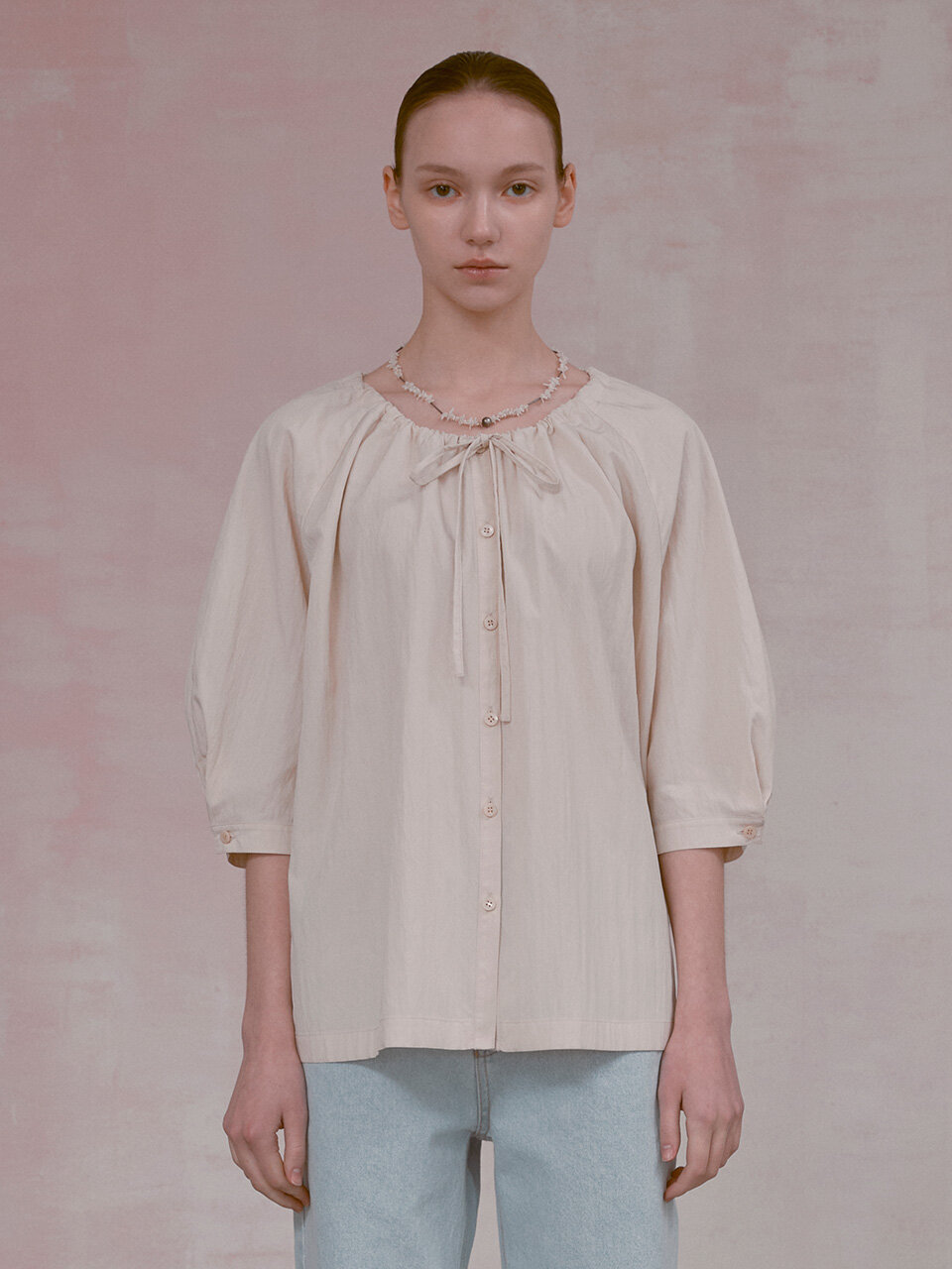 NUVO.10 Shirring Neck Ribbon Blouse