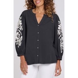 NYDJ NYDJ Embroidered Balloon Sleeve Cotton Button-Up Shirt