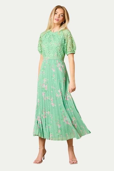 Oasis Oasis Floral Lace Bodice Pleated Midi Dress
