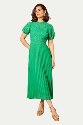 Oasis Oasis Lace Puff Sleeve Pleated Midi Dress