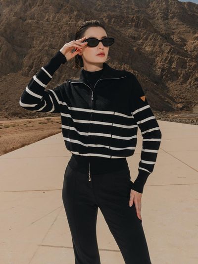OBER GOLF & SPORTS Stripe Knitwear Zip Up Cardigan (black)
