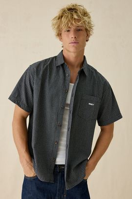 OBEY OBEY Bigwig Frank Micro Check Button-Down Shirt Top in Black, Men's at Urban Outfitters