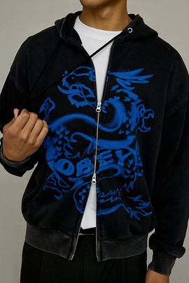 OBEY OBEY Draco Zip Hoodie Sweatshirt in Black, Men's at Urban Outfitters