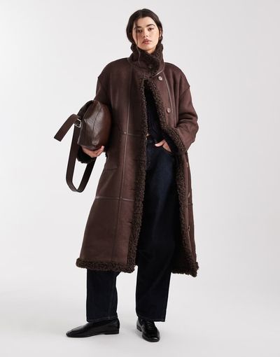 Object Object borg lined faux shearling maxi coat in chocolate brown