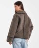Object Object borg teddy aviator jacket with contrast stitch in brown-Black - 4