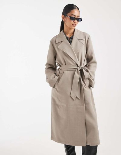Object Object clean lightweight tailored tie waist trench coat in taupe-Neutral