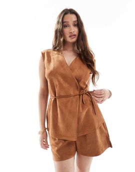 Object Object faux suede tie waist vest in camel beige - part of a set-Neutral