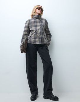 Object Object funnel neck reversible check short trench coat in brown
