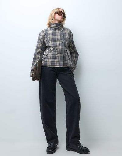 Object Object funnel neck reversible check short trench coat in brown