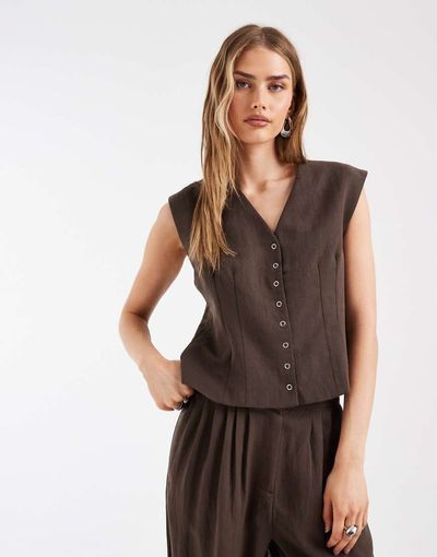 Object Object linen look tailored snap front vest in chocolate - part of a set-Brown