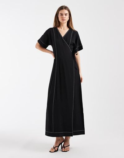 Object Object long maxi wrap dress in black with cream contrast stitching