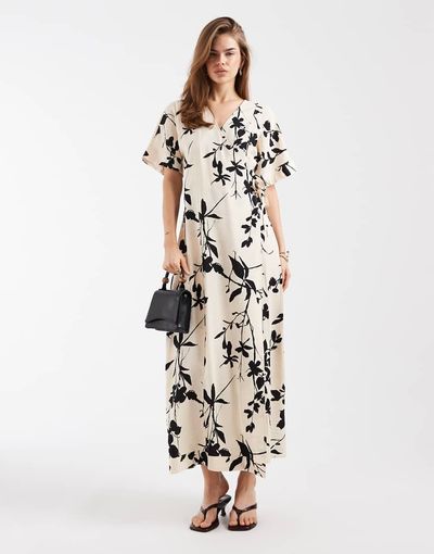 Object Object long midaxi wrap dress in contrast floral print-White