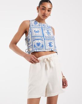 Object Object loose tie waist linen touch shorts in sandshell-Neutral