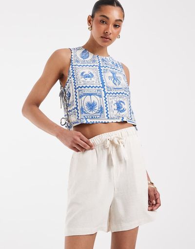 Object Object loose tie waist linen touch shorts in sandshell-Neutral