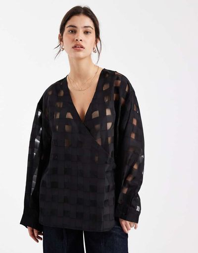 Object Object oversized wrap front sheer blouse in black checkerboard pattern